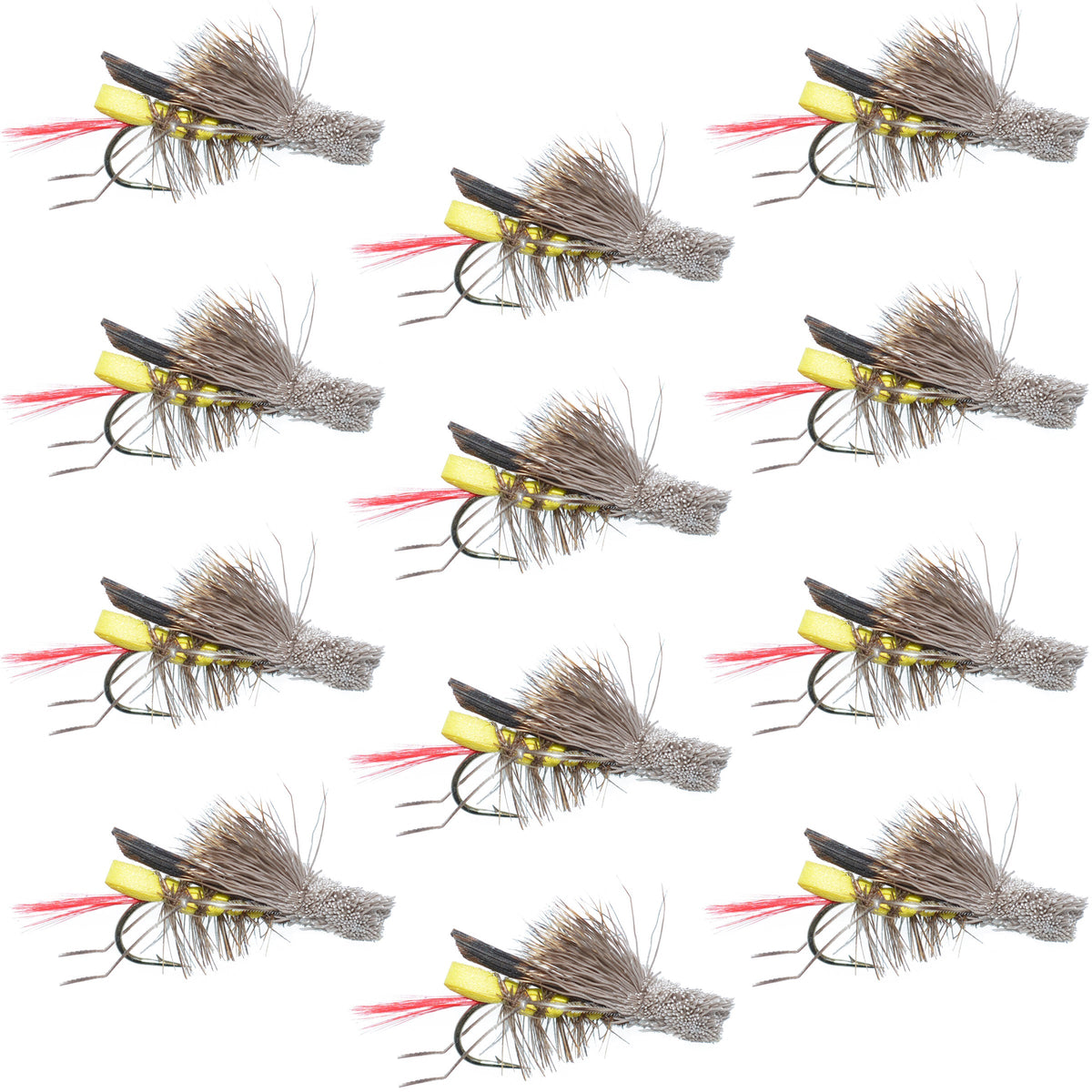 Dave&#39;s Hopper Yellow Foam Body Grasshopper Fly - 1 Dozen Flies Hook Size 12