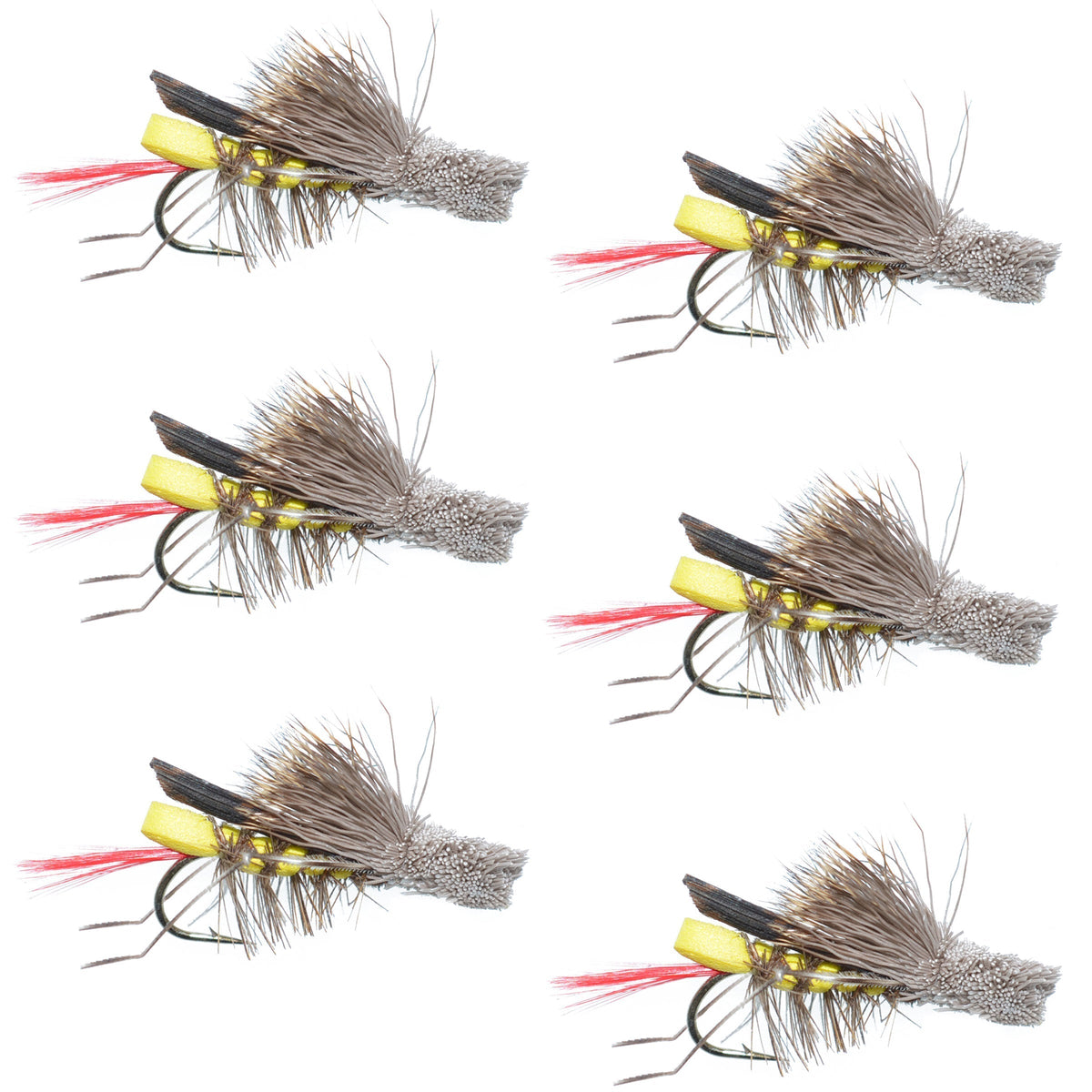 Barbless Dave&#39;s Hopper Yellow Foam Body Grasshopper Fly - 6 Flies Hook Size 8