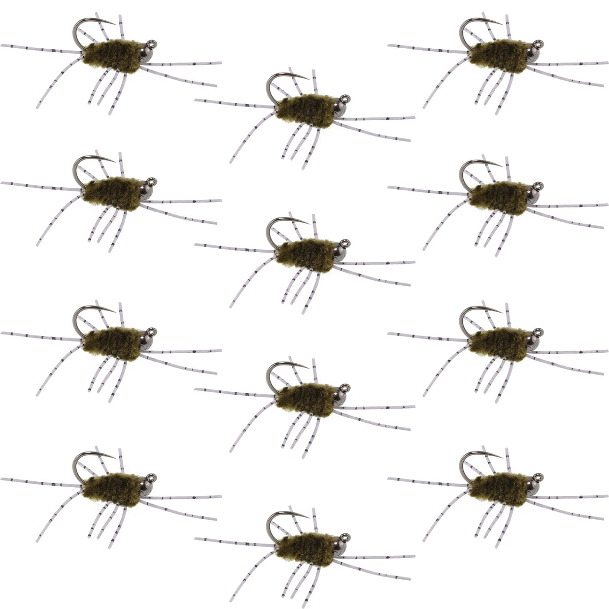 Barbless Pats Rubber Legs Tungsten Jig Dark Olive Euro Nymph - (12 Pack, Sz 6)