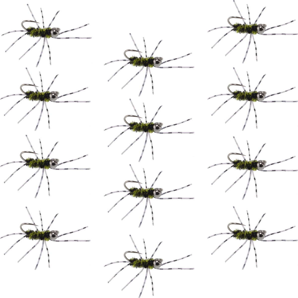 Pat's Rubber Legs Tungsten Jig Black/Olive Euro Nymph - (12 Pack, Sz 6)
