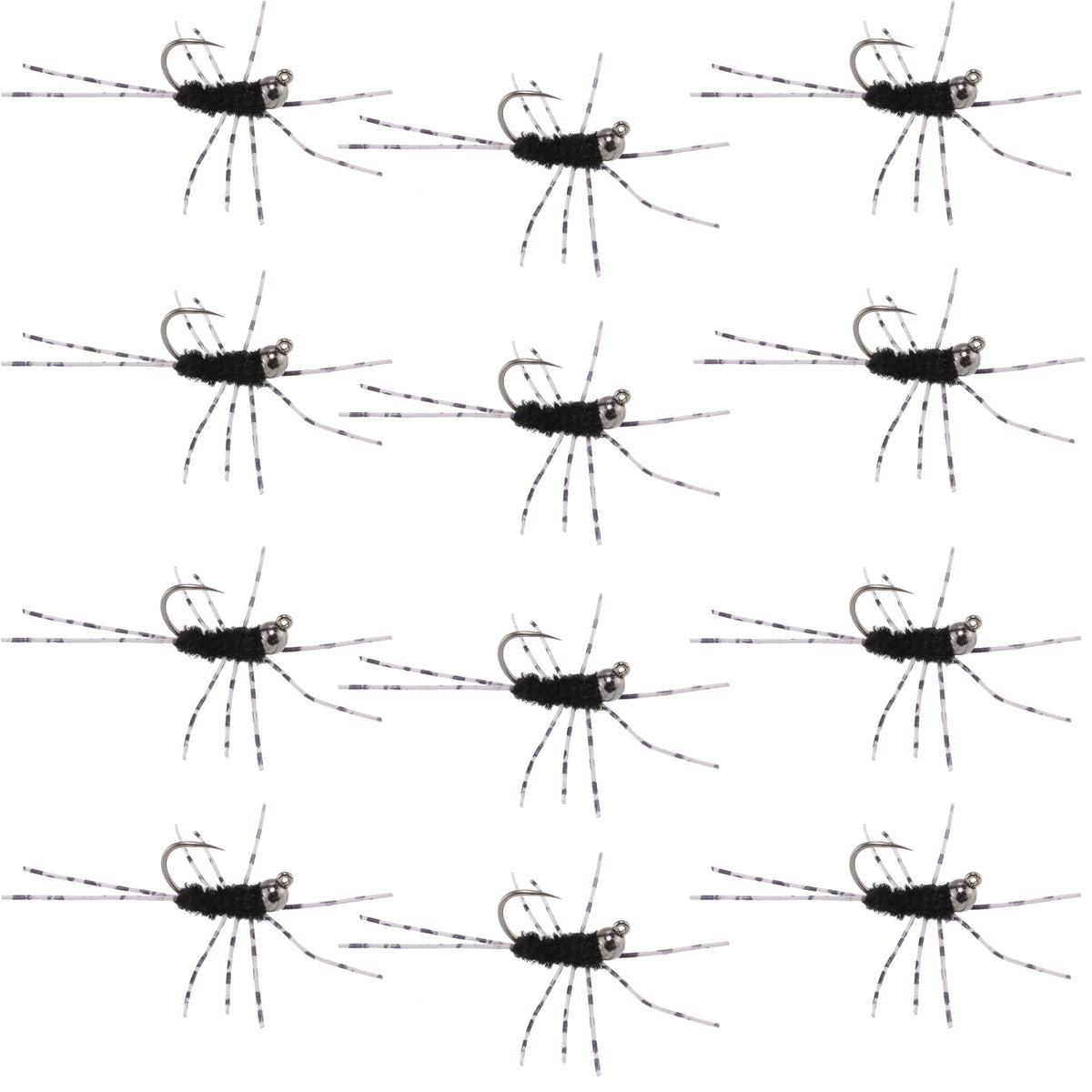 Barbless Pats Rubber Legs Tungsten Jig Black Euro Nymph - (12 Pack, Sz 6)