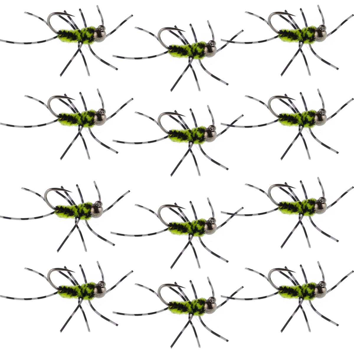 Pat's Rubber Legs Tungsten Jig Black/Chartreuse Euro Nymph - (12 Pack, Sz 6)