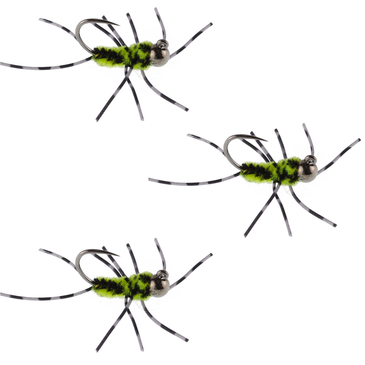 3 Pack Pat's Rubber Legs Tungsten Jig Black/Chartreuse Euro Nymph - (Sz 6)