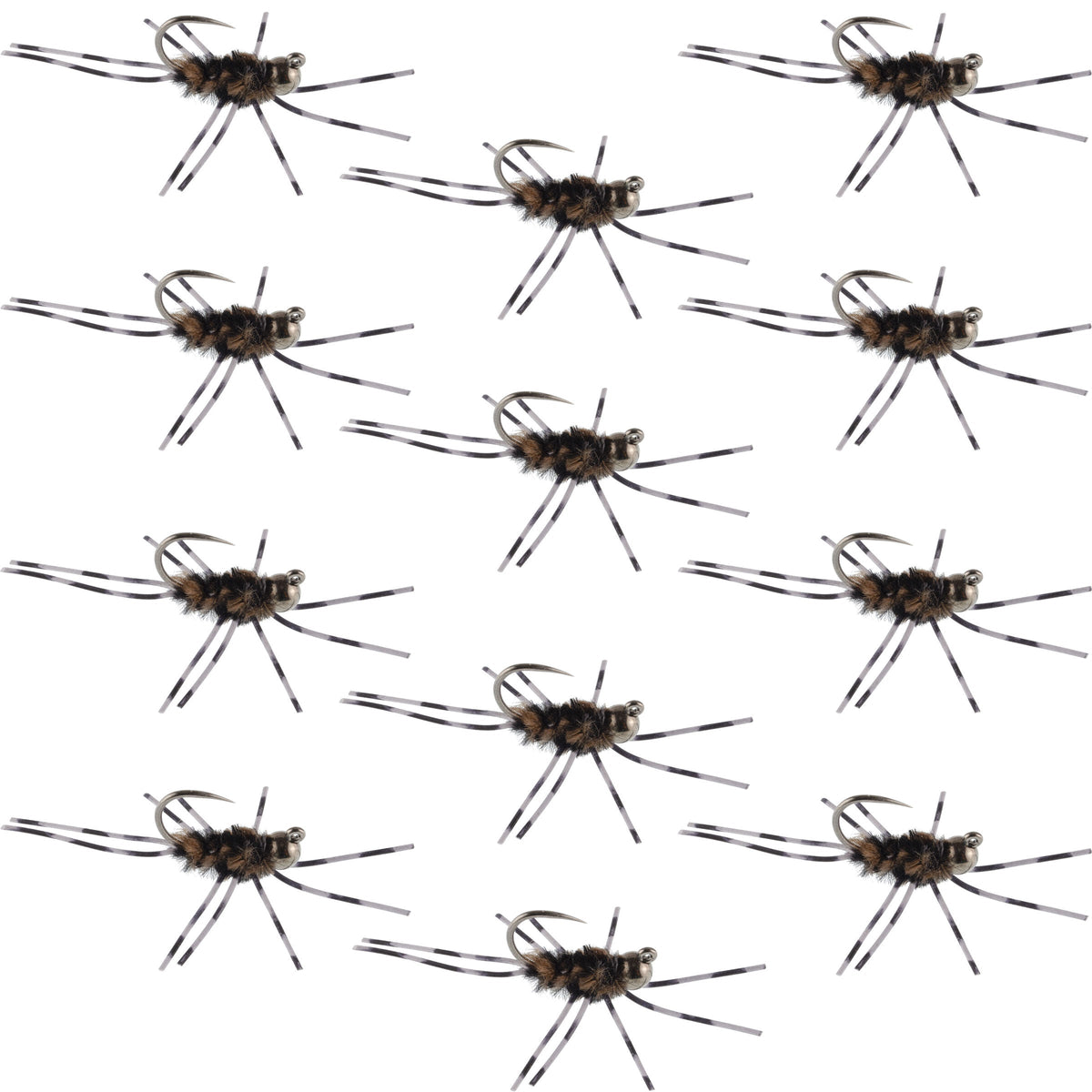 Barbless Pats Rubber Legs Tungsten Coffee/Black Euro Nymph - (12 Pack, Sz 6)