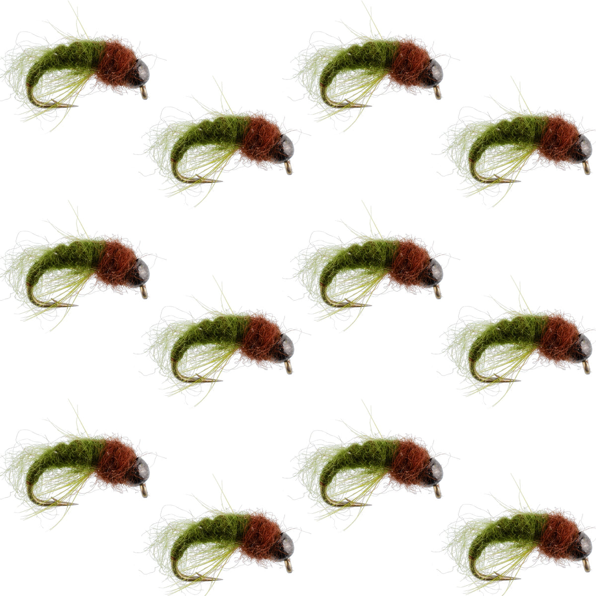 Bead Head Olive Brown Caddis Larva Nymph 12 Flies - Hook Size 16