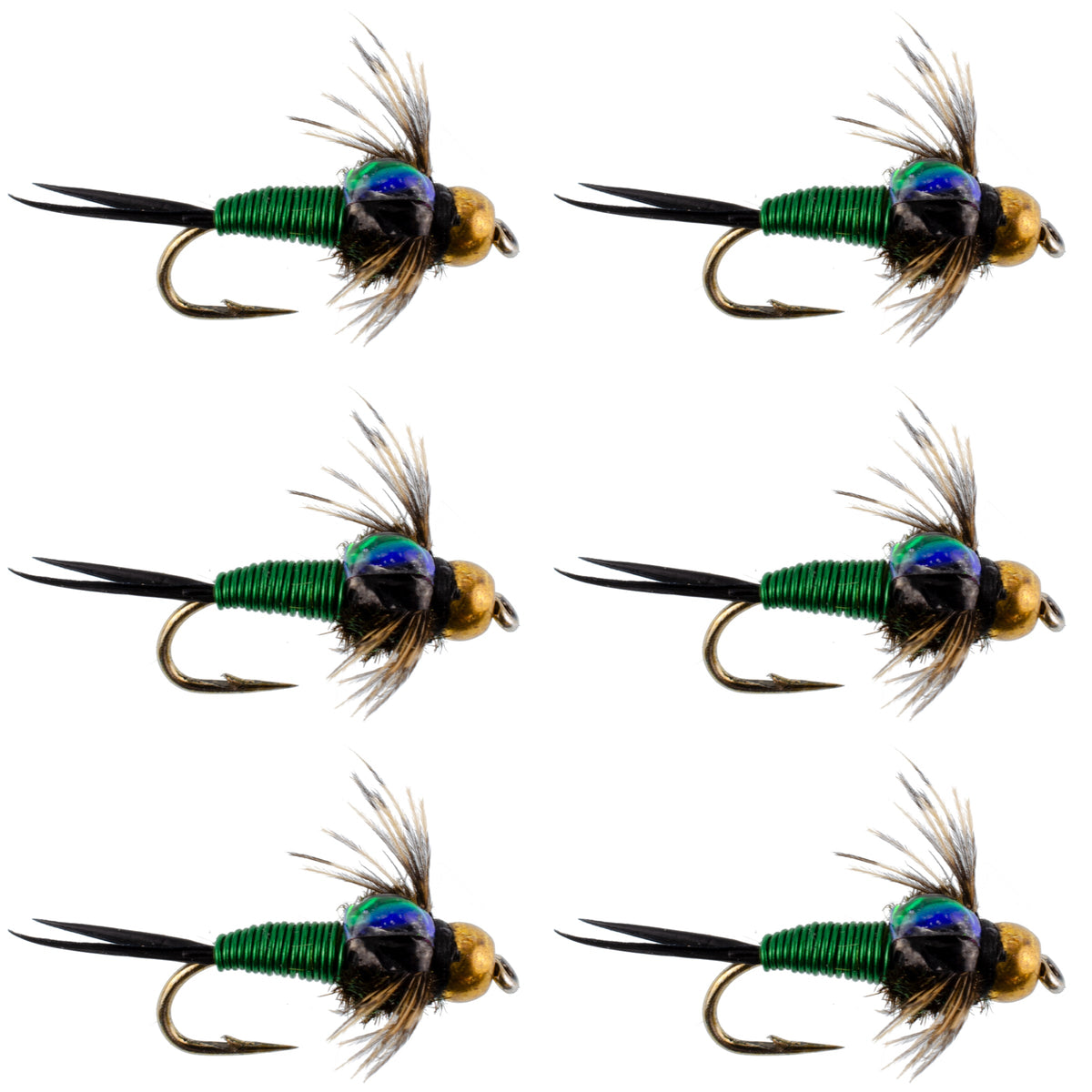 Bead Head Green Copper John Nymph Fly Fishing Flies - Set of 6 Flies Hook Size 14