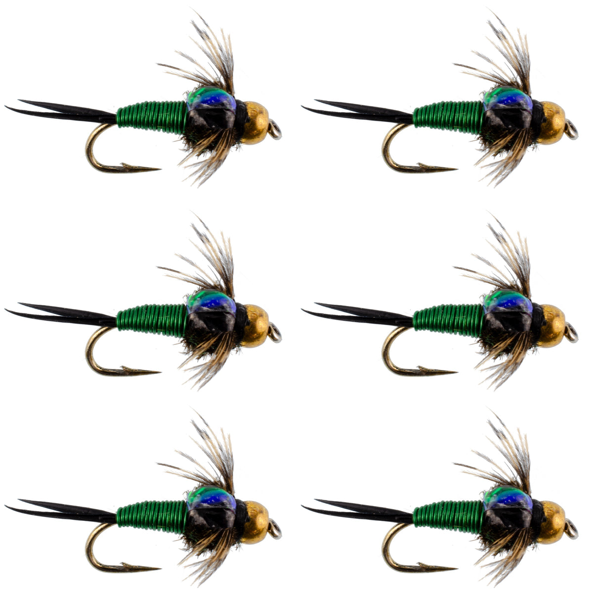 Bead Head Green Copper John Nymph Fly Fishing Flies - Set of 6 Flies Hook Size 18