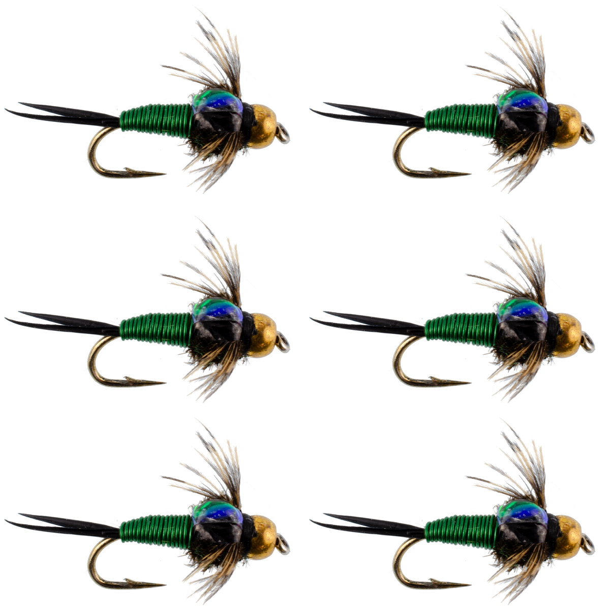 Bead Head Green Copper John Nymph Fly Fishing Flies - Set of 6 Flies Hook Size 16