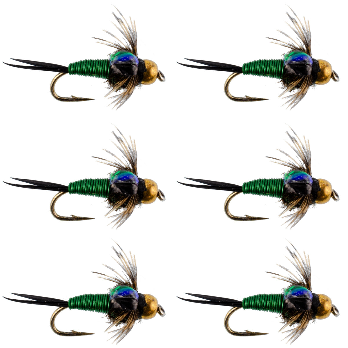 Bead Head Green Copper John Nymph Fly Fishing Flies - Set of 6 Flies Hook Size 12