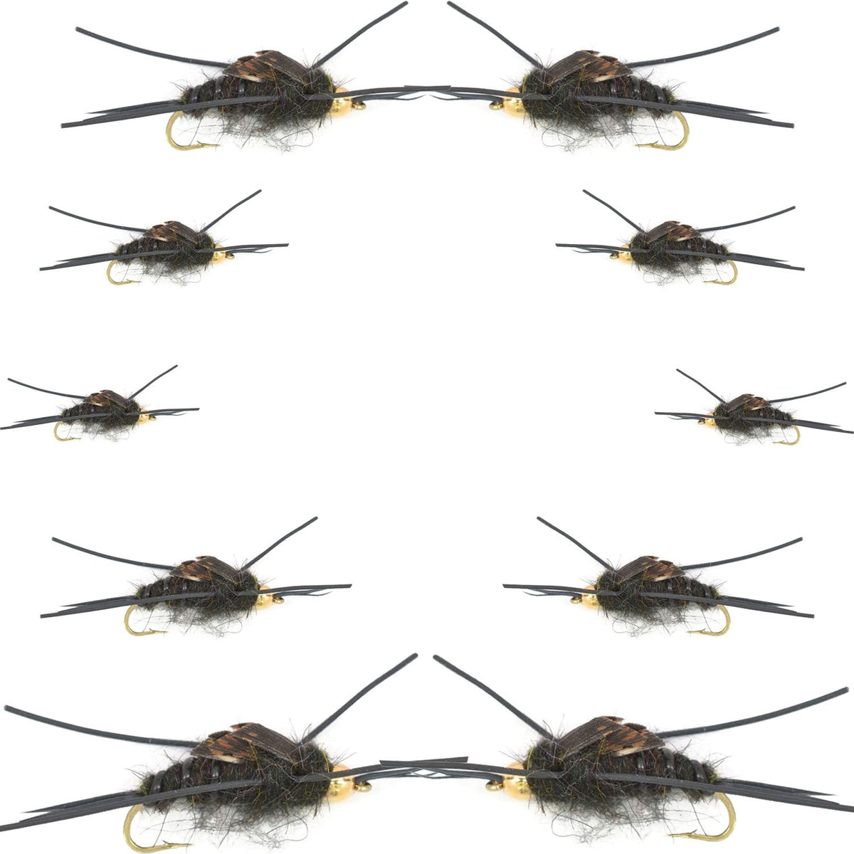 Basics Collection - Kaufmann&#39;s Tungsten Bead Black Stonefly Nymph Assortment 10 Bead Head Rubber Legs Wet Flies - 2 Each Hook Sizes 4, 6, 8, 10, and 12