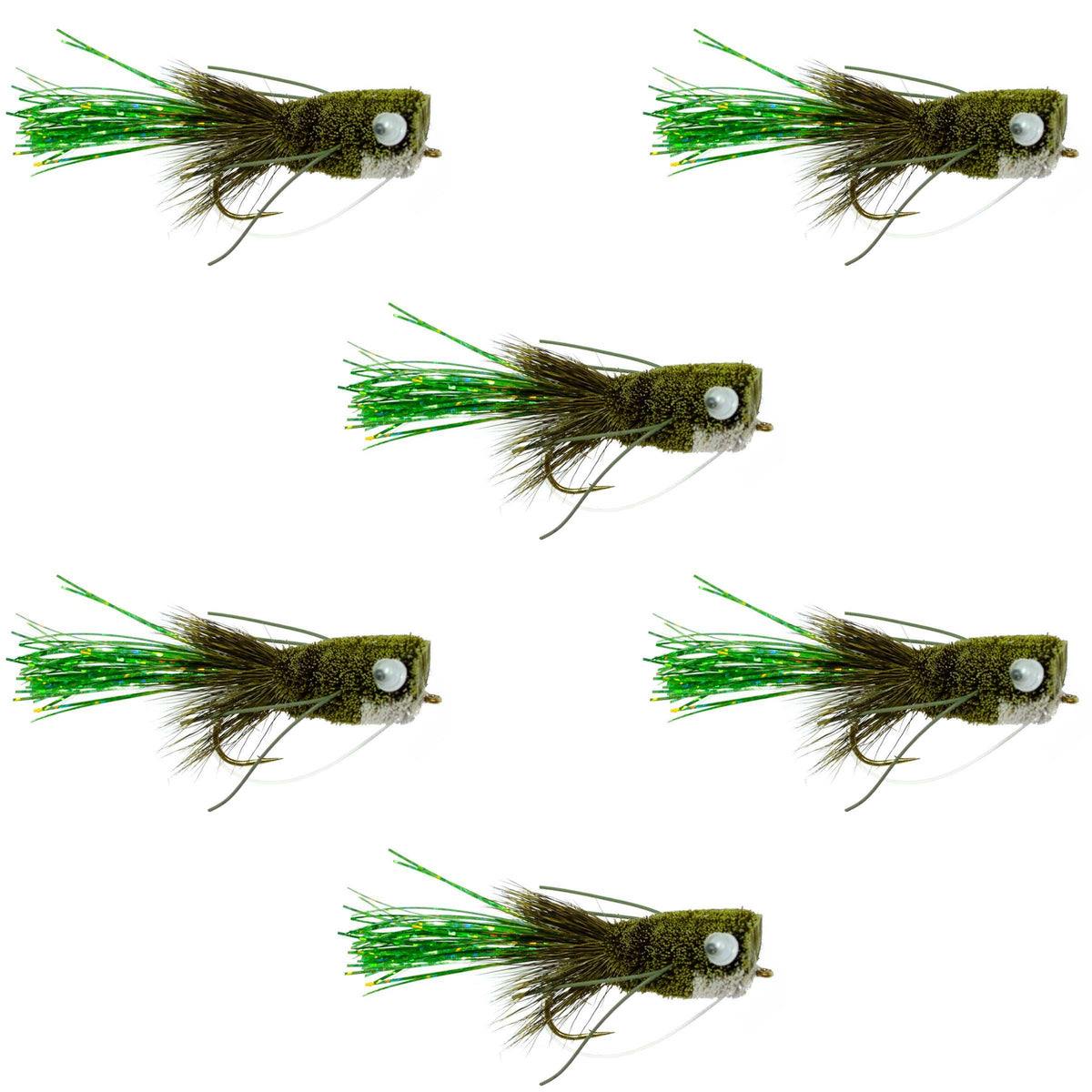 Flashtail Bass Popper 6 Flies Size 8 - Olive Bass Fly Fishing Bug Wide Gape Bass Hooks With Weed Guard