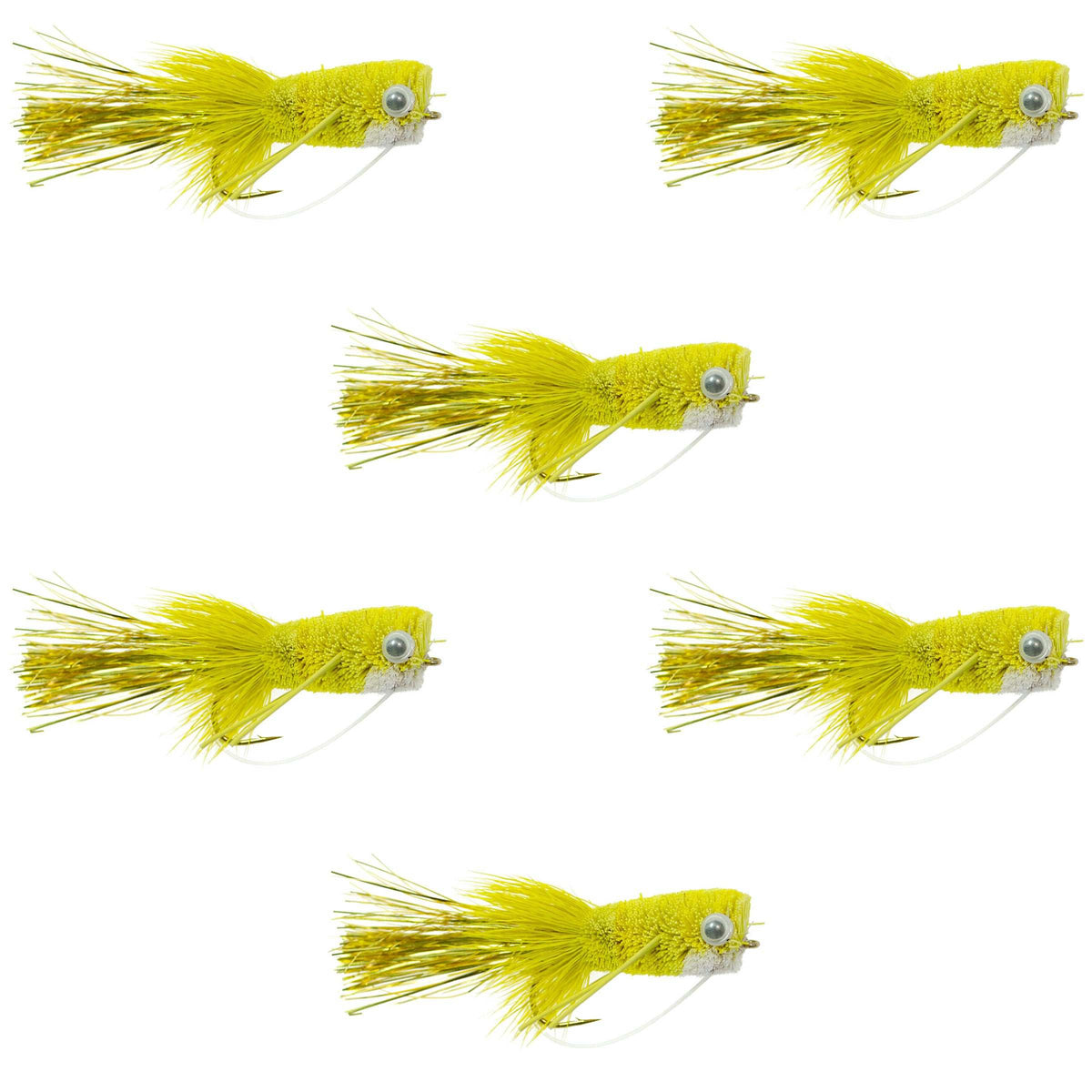 Flashtail Bass Popper  6 Flies Size 8 - Yellow Bass Fly Fishing Bug Wide Gape Bass Hooks With Weed Guard