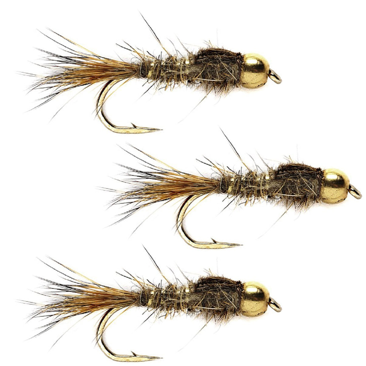 3 Pack Bead Head Gold Ribbed Hare&#39;s Ear Nymph Fly Fishing Flies Hook Size 14