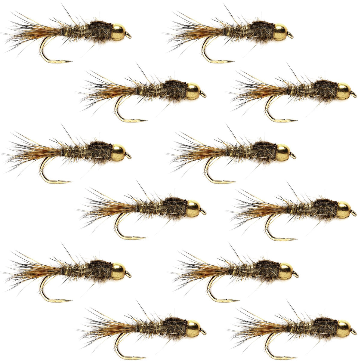 Barbless Bead Head Gold Ribbed Hare&#39;s Ear Nymph 1 Dozen Flies Hook Size 16