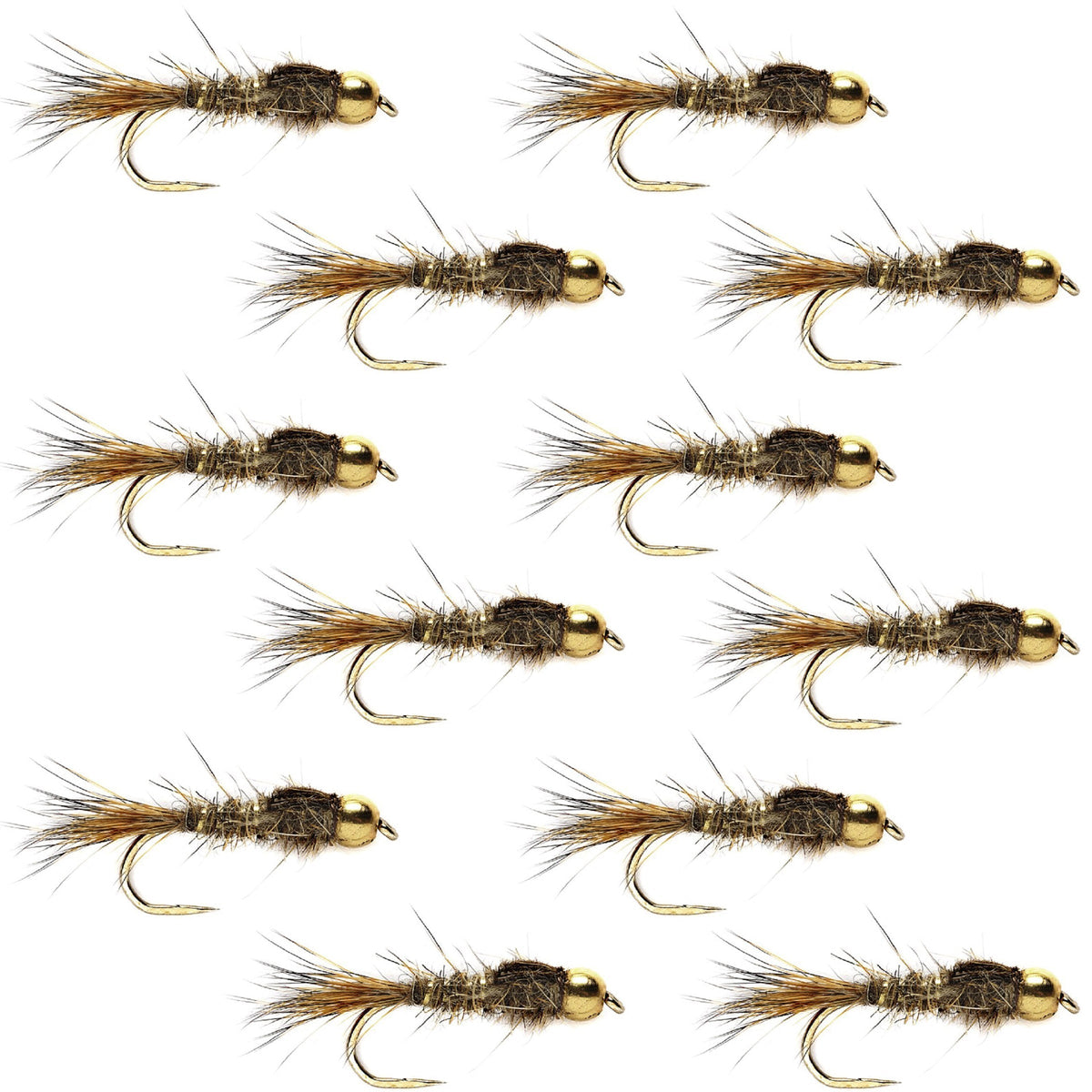 Barbless Bead Head Gold Ribbed Hare&#39;s Ear Nymph 1 Dozen Flies Hook Size 14