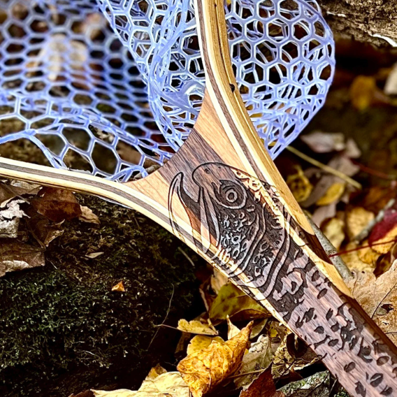 XL 18&quot;x14&quot; - Brown Trout Engraved - Classic Fly Fishing Traditional Landing Net - Handcrafted &amp; Made in USA