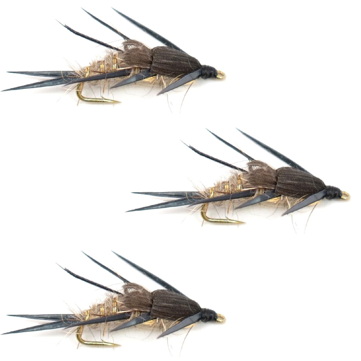 3 Pack Double Bead Black Biot Legs Gold Ribbed Hare&#39;s Ear Nymph Fly Fishing Flies Hook Size 14