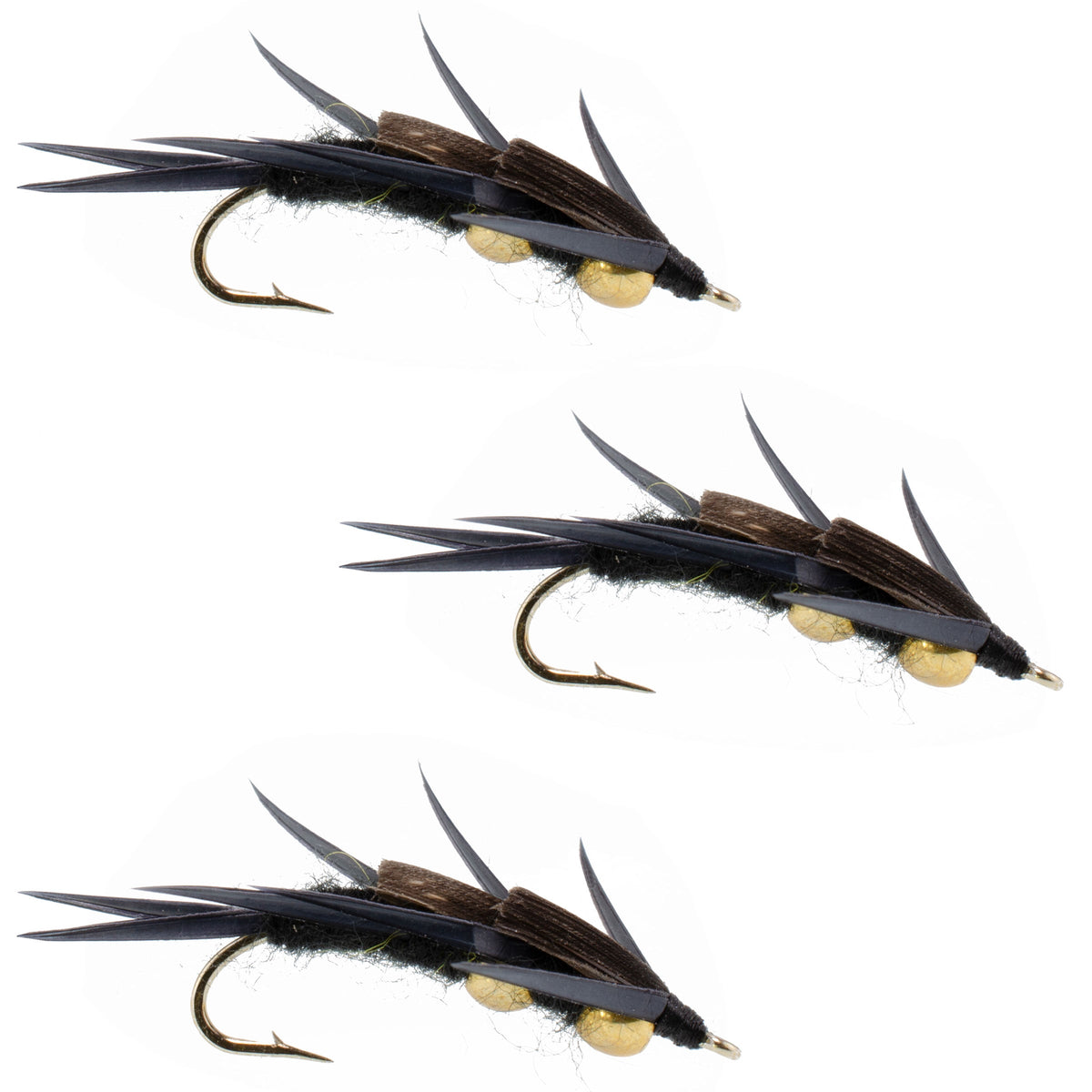 3 Pack Double Bead Black Stonefly with Black Biot Legs - Nymph - Hook Size 8