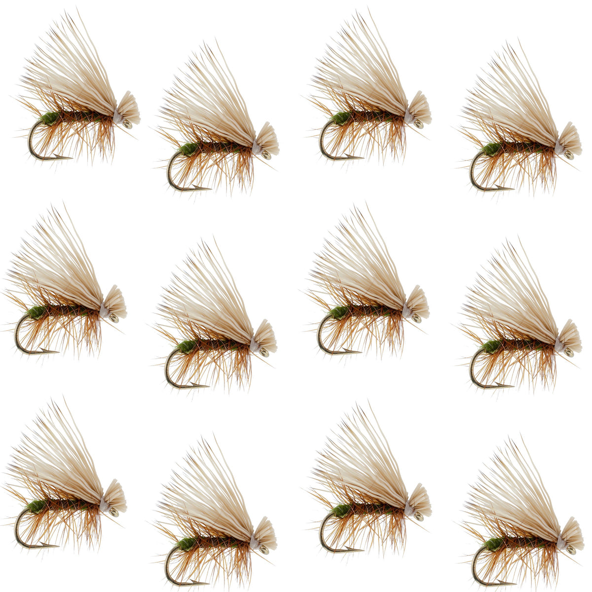 Olive Elk Hair Caddis Classic Trout Dry Fly - (12 Pack, Sz 16)