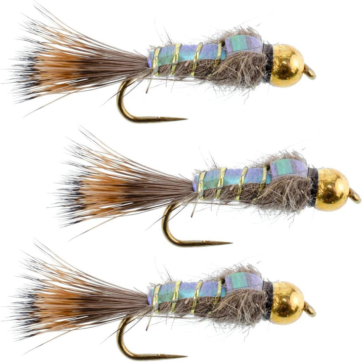 3 Pack Barbless Bead Head Flash Back Gold Ribbed Hare&#39;s Ear Nymph Flies Hook Size 10