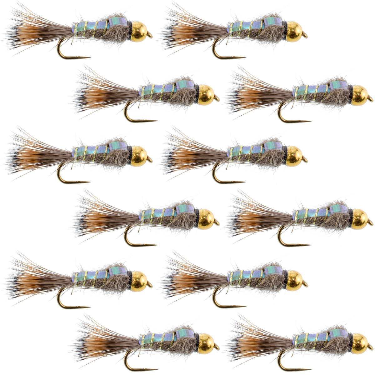 Barbless Bead Head Flash Back Gold Ribbed Hare&#39;s Ear Nymph 1 Dozen Flies Hook Size 14