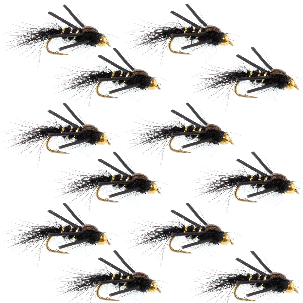 Tungsten Bead Head Rubber Legs Black Gold-Ribbed Hare&#39;s Ear Trout Fly Nymph - 1 Dozen Flies Hook Size 14