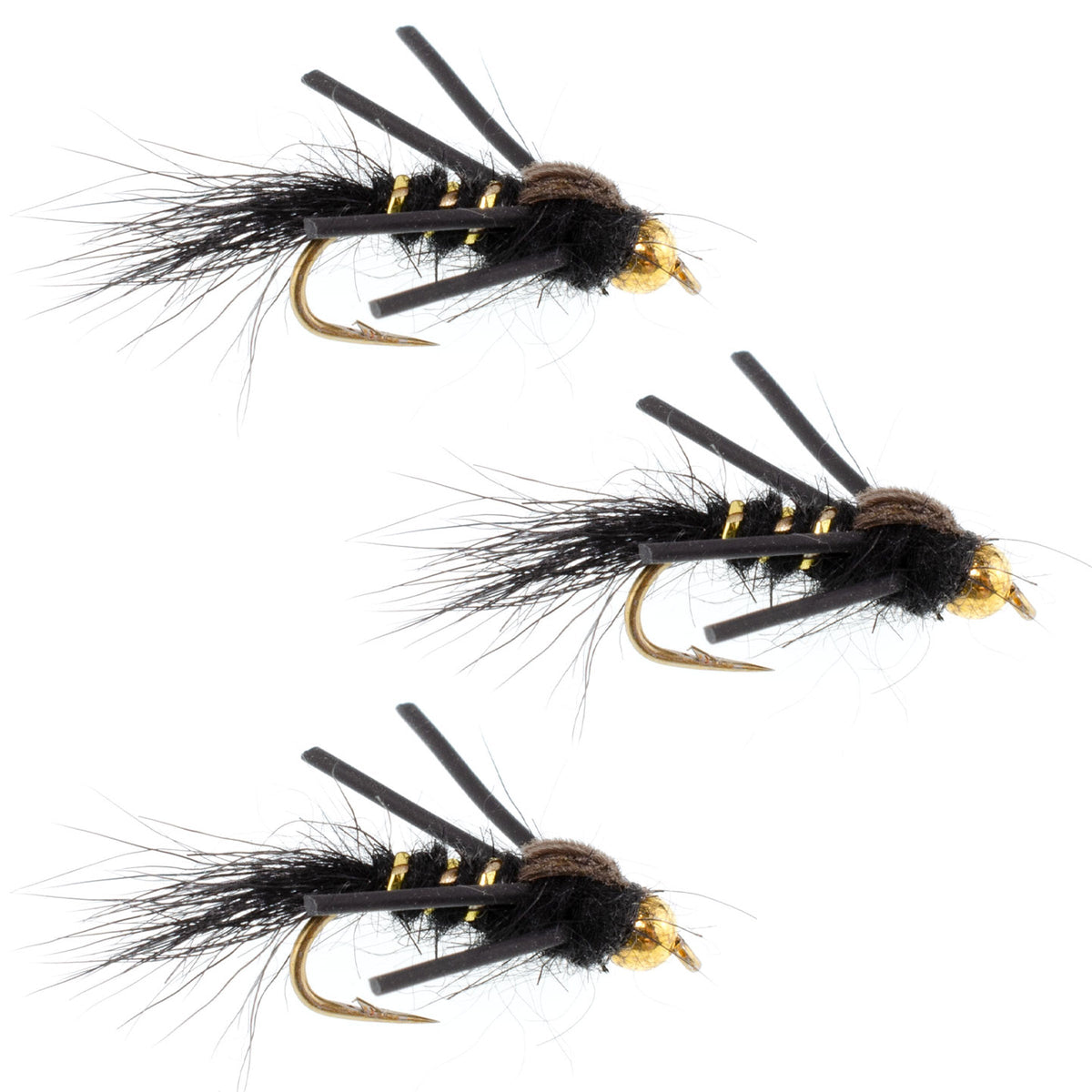 3 Pack Tungsten Bead Head Rubber Legs Black Gold-Ribbed Hare&#39;s Ear Trout Fly Nymph - Hook Size 14