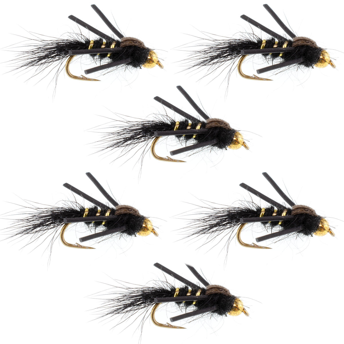 Tungsten Bead Head Rubber Legs Black Gold-Ribbed Hare&#39;s Ear Trout Fly Nymph - 6 Flies Hook Size 14