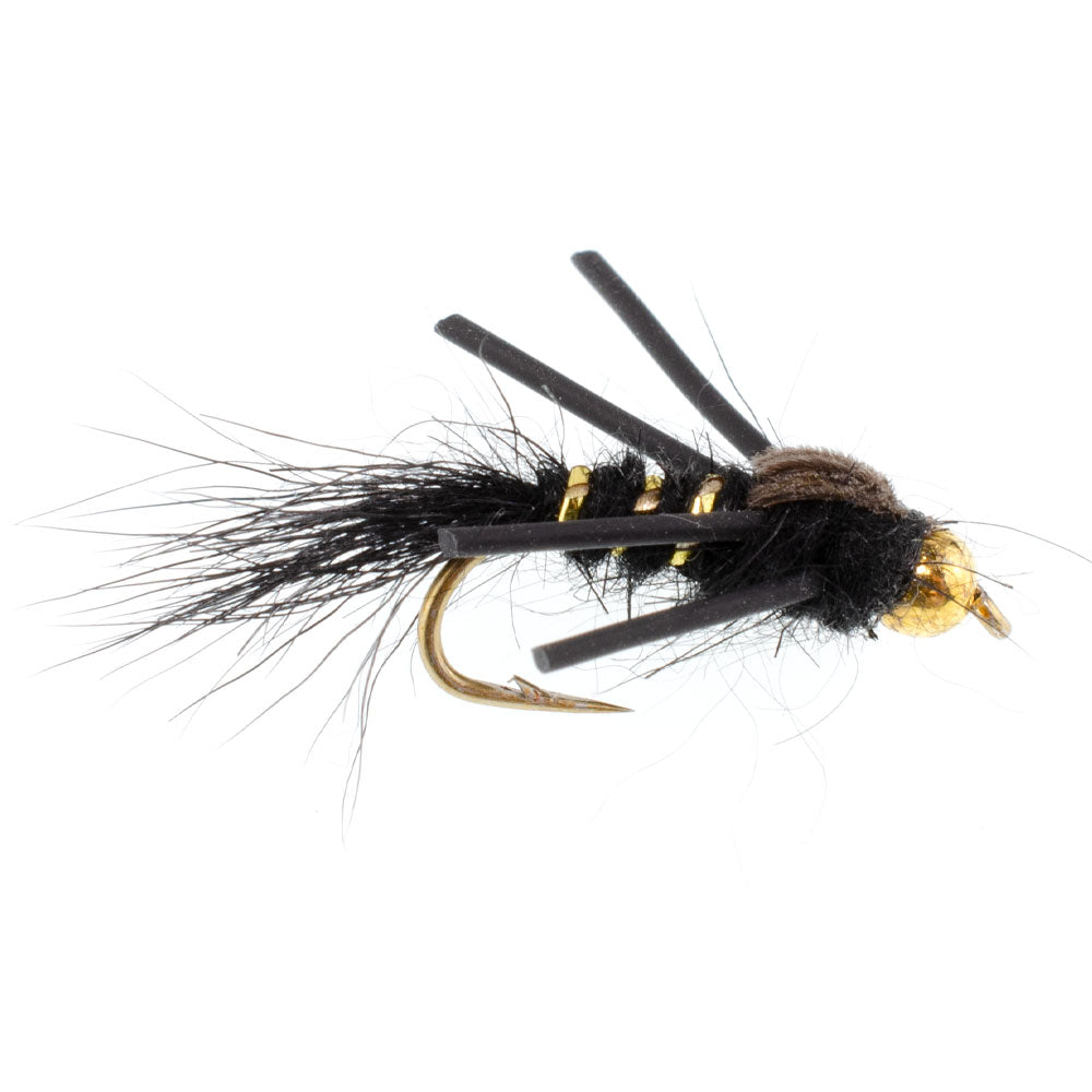 Tungsten Bead Head Rubber Legs Black Gold-Ribbed Hare&#39;s Ear Trout Fly Nymph - 1 Dozen Flies Hook Size 14