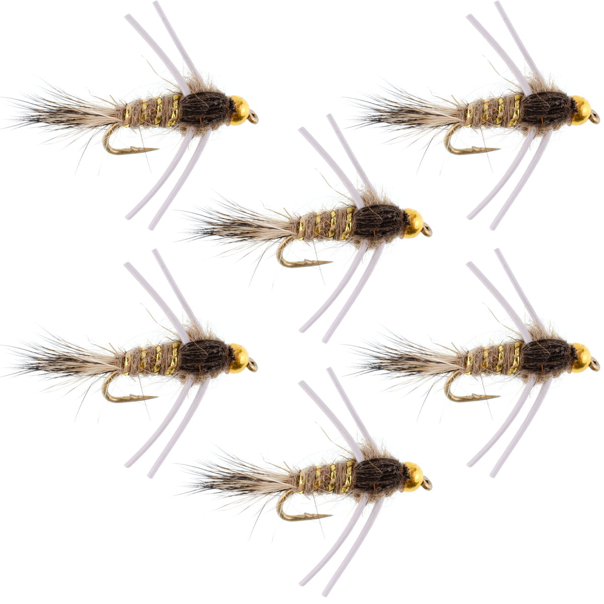 Tungsten Bead Head Rubber Legs Natural Gold-Ribbed Hare&#39;s Ear Trout Fly Nymph - 6 Flies Hook Size 16