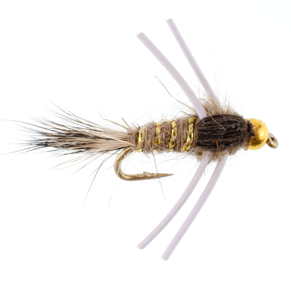 Tungsten Bead Head Rubber Legs Natural Gold-Ribbed Hare&#39;s Ear Trout Fly Nymph - 6 Flies Hook Size 16