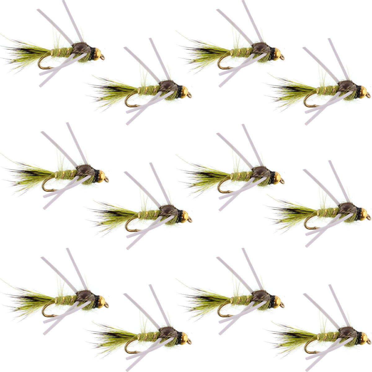 Tungsten Bead Head Rubber Legs Olive Gold-Ribbed Hare&#39;s Ear Trout Fly Nymph - 1 Dozen Flies Hook Size 14