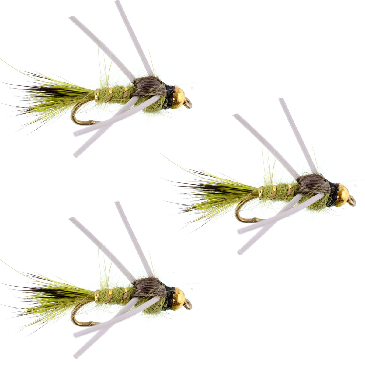 3 Pack Tungsten Bead Head Rubber Legs Olive Gold-Ribbed Hare&#39;s Ear Trout Fly Nymph - Hook Size 14