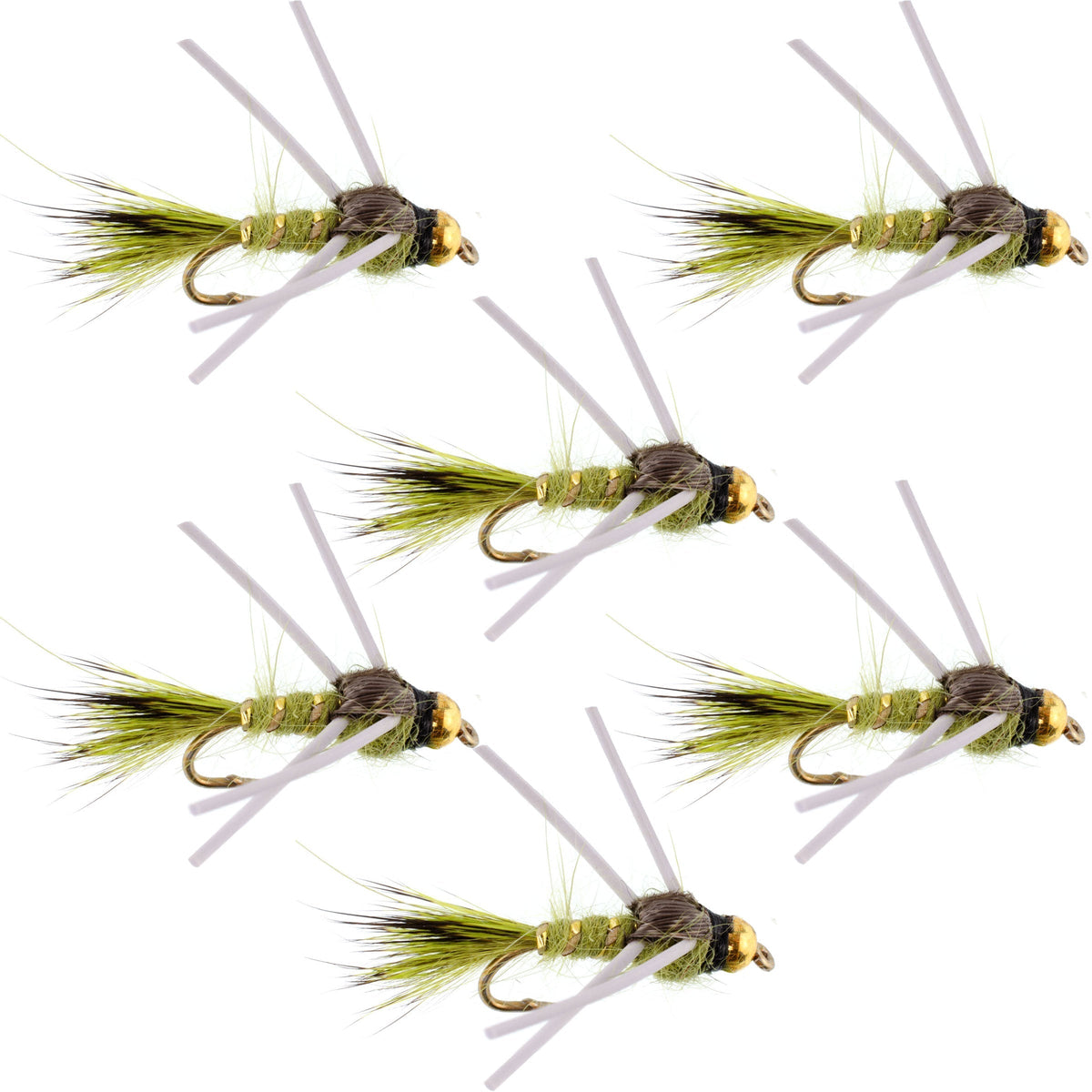 Tungsten Bead Head Rubber Legs Olive Gold-Ribbed Hare&#39;s Ear Trout Fly Nymph - 6 Flies Hook Size 16