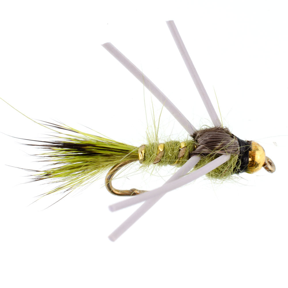3 Pack Tungsten Bead Head Rubber Legs Olive Gold-Ribbed Hare&#39;s Ear Trout Fly Nymph - Hook Size 14