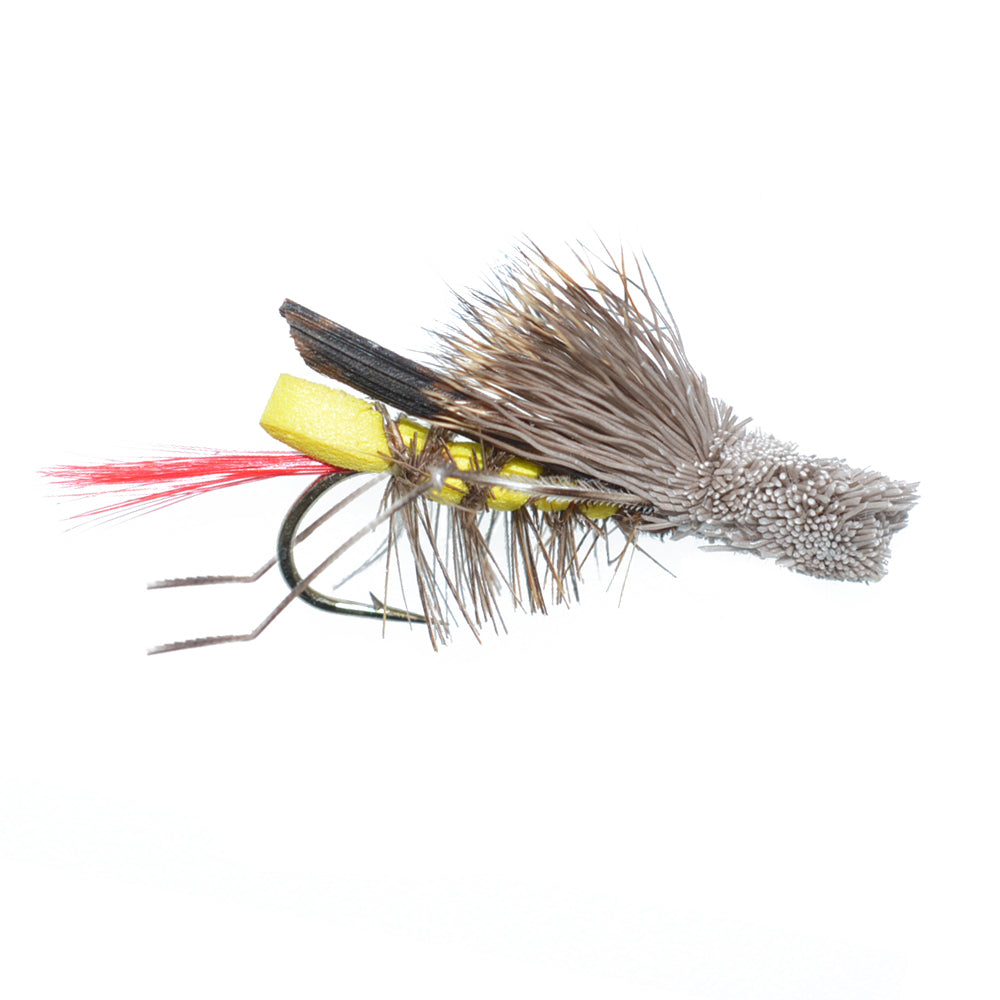 Barbless Dave&#39;s Hopper Yellow Foam Body Grasshopper Fly - 6 Flies Hook Size 8