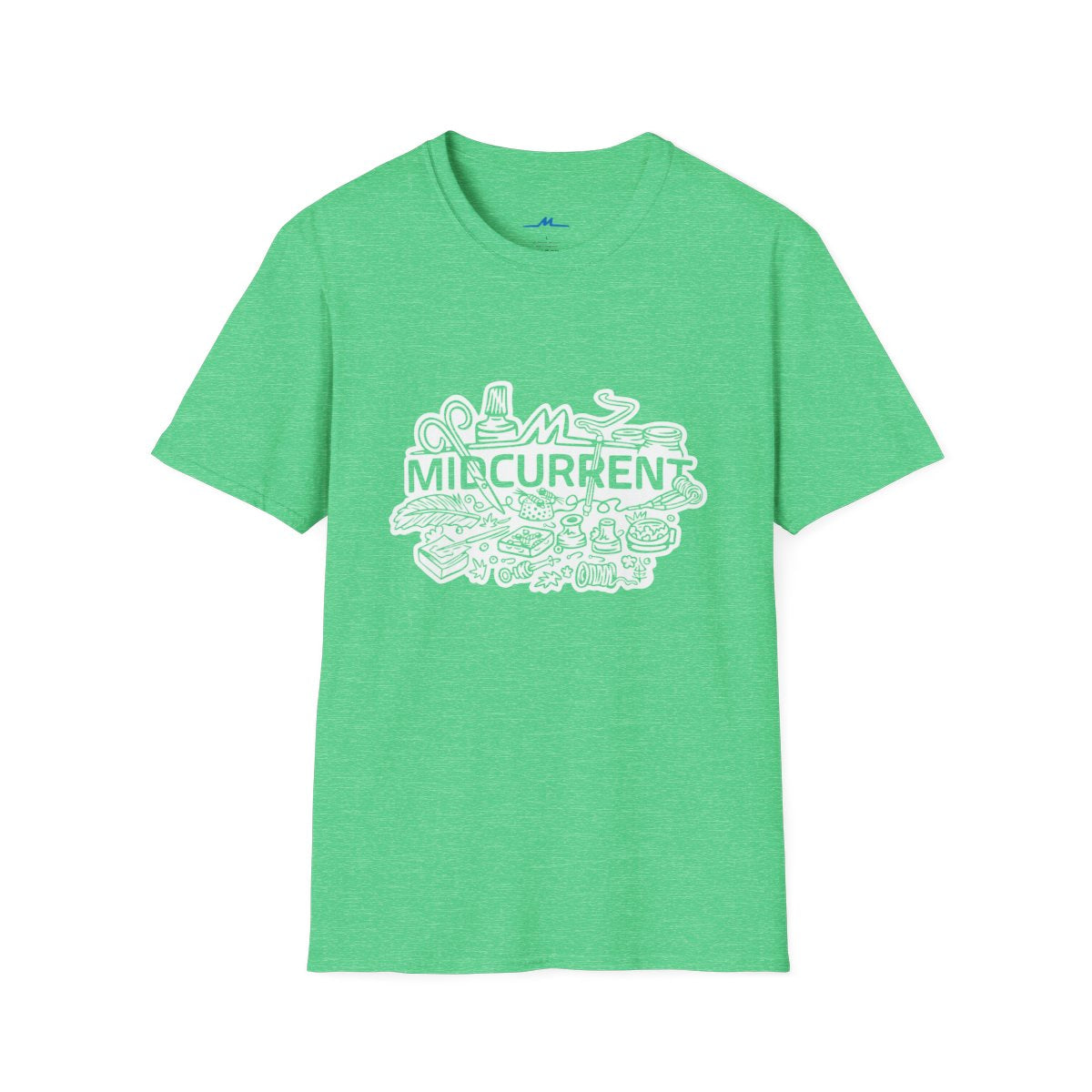 Green t-shirt with white graphic design on a white background