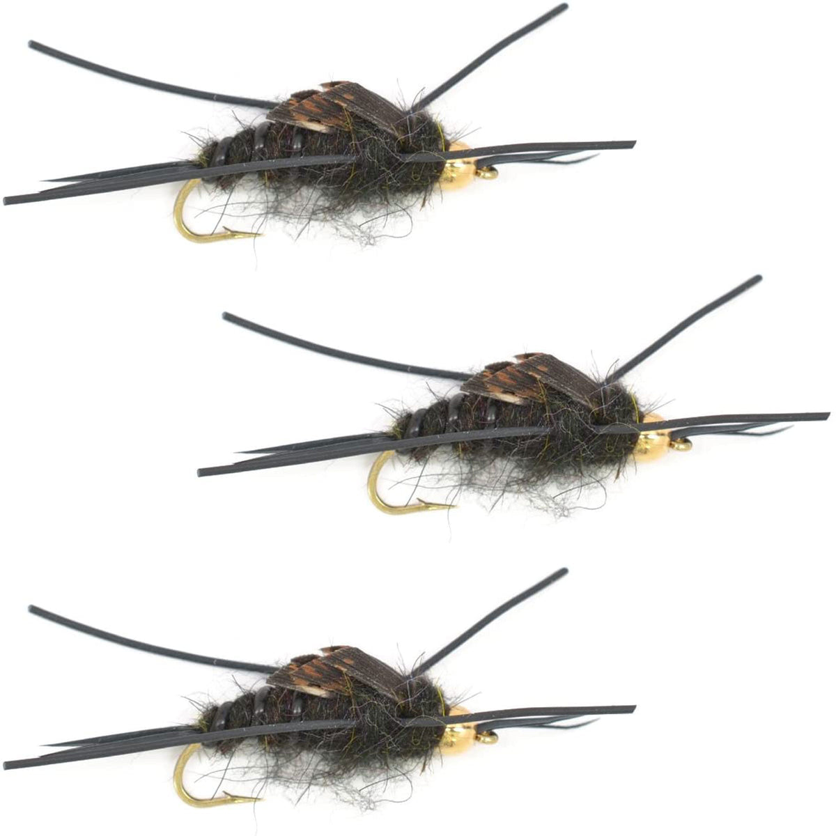 3 Pack Gold Bead Kaufmann&#39;s Black Stonefly with Rubber Legs - Stonefly Nymph - Hook Size 4