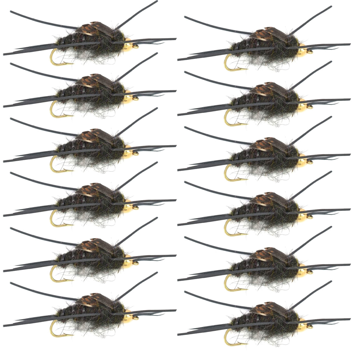 Gold Bead Kaufmann&#39;s Black Stone Fly with Rubber Legs - Stonefly Wet Fly - 1 Dozen Flies Hook Size 4