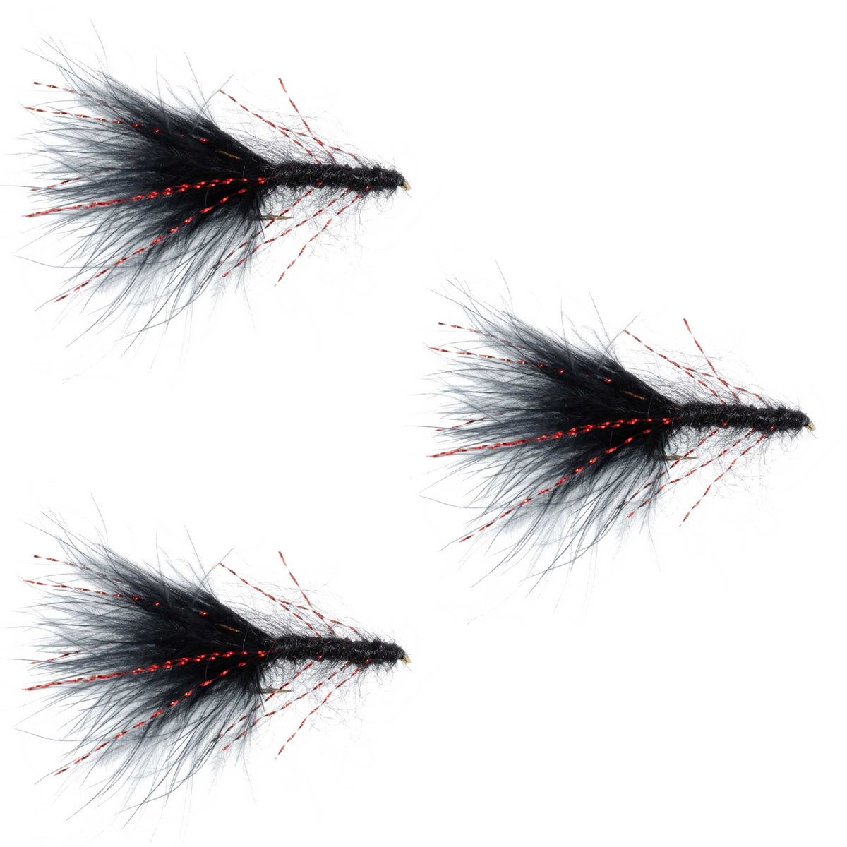 3 Pack Black Red Crystal Mohair Leech Streamer Flies Size 8