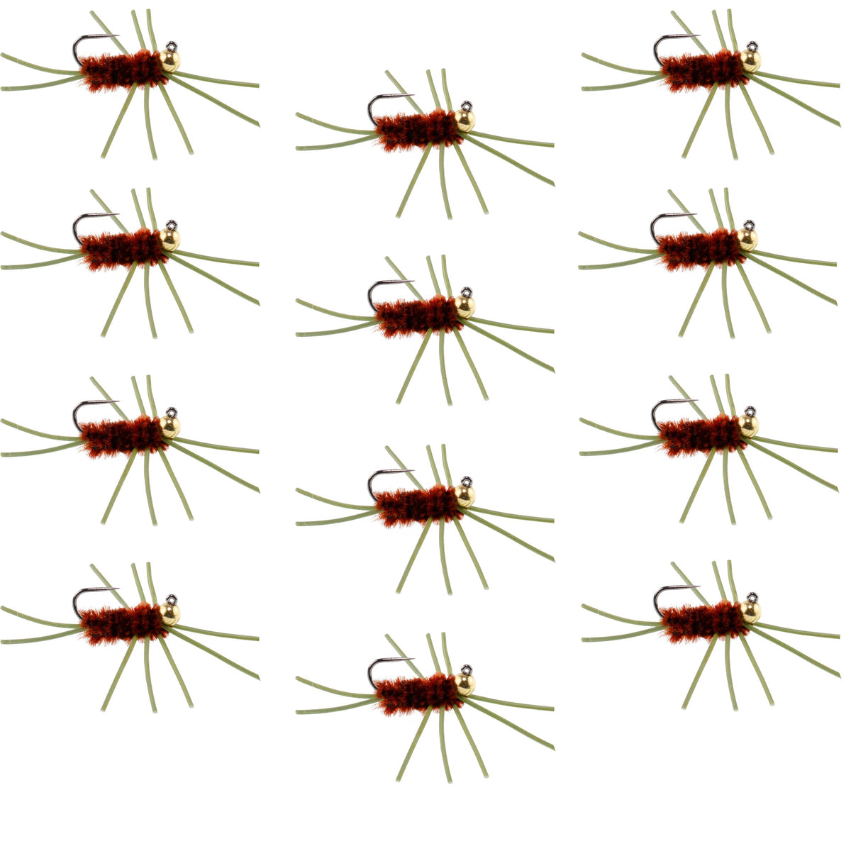 Pat’s Rubber Legs Euro Nymph – Brown, Tungsten Jig (12 Pack, Size 10)