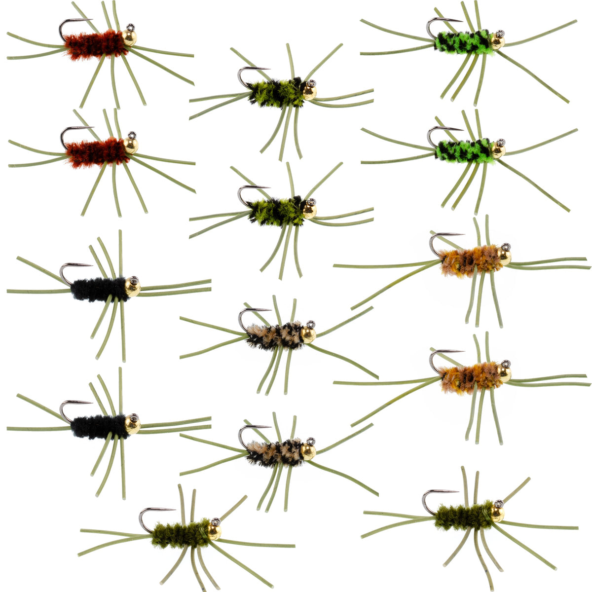 Tungsten Bead Jigged Pat&#39;s Rubber Legs Nymph Assortment Fly Fishing Flies - Trout and Bass Wet Fly Pattern - 14 Flies 7 Colors Hook Size 10