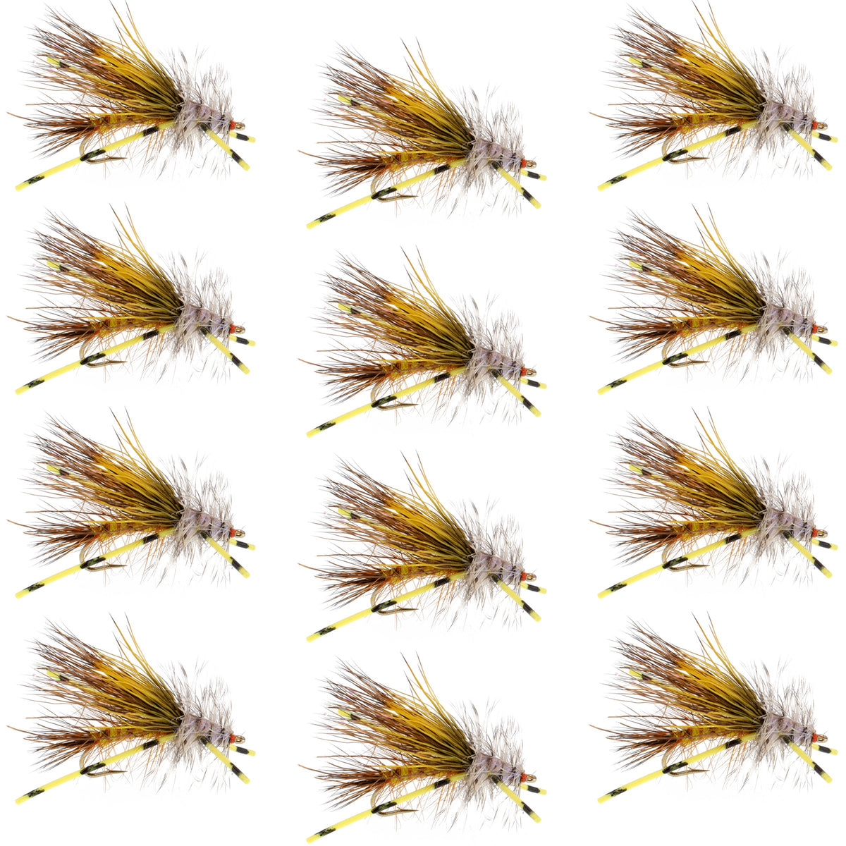Kaufmann&#39;s Yellow Crystal Stimulator Rubber Legs Dry Fly - 1 Dozen Flies Hook Size 10