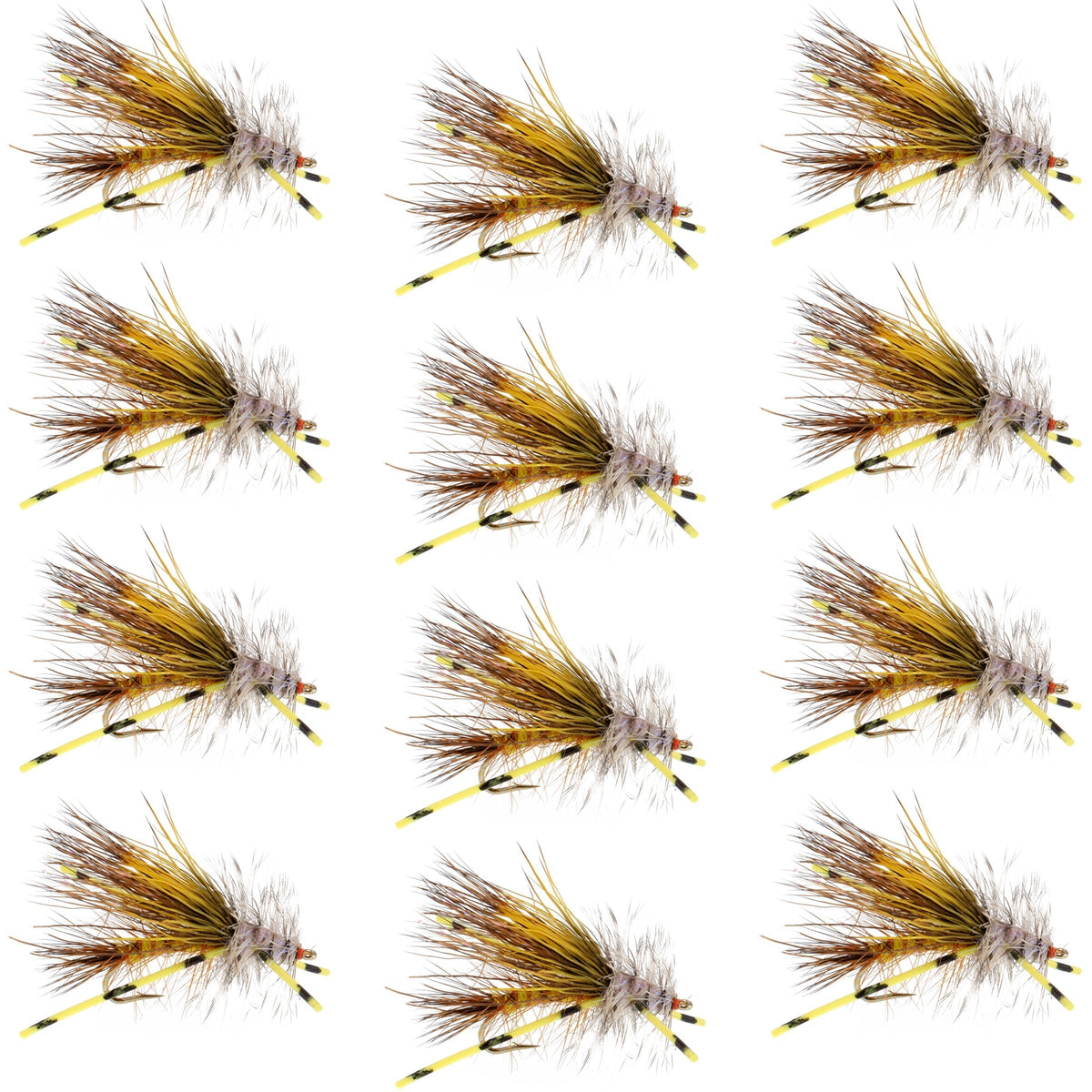 Kaufmann&#39;s Yellow Crystal Stimulator Rubber Legs Dry Fly - 1 Dozen Flies Hook Size 16