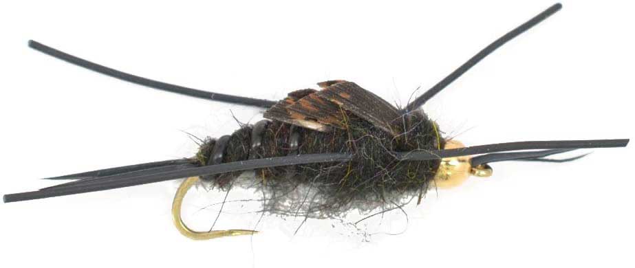 3 Pack Barbless Gold Bead Kaufmann&#39;s Black Stone Fly with Rubber Legs - Stonefly Wet Fly - Hook Size 12