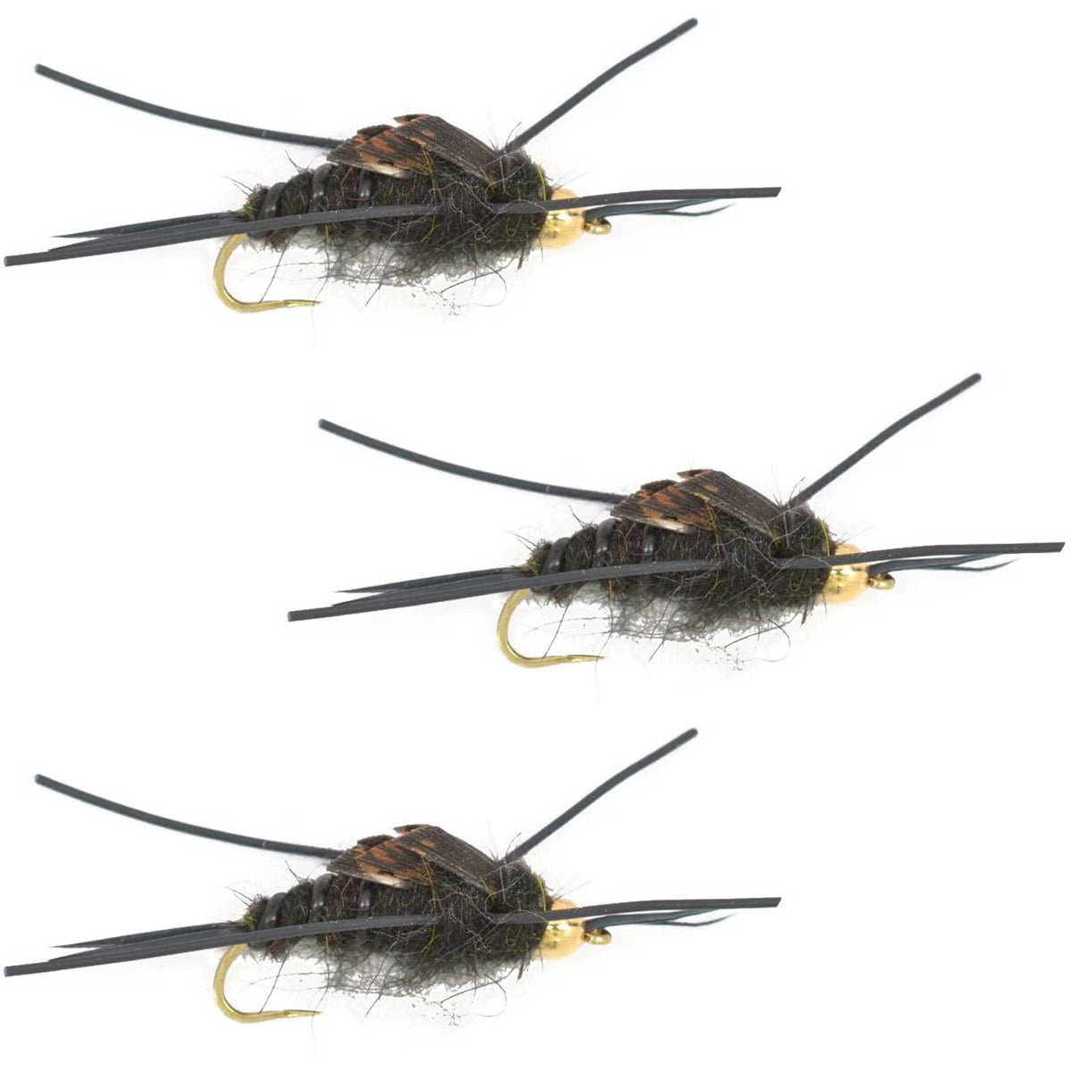 3 Pack Barbless Gold Bead Kaufmann&#39;s Black Stone Fly with Rubber Legs - Stonefly Wet Fly - Hook Size 4