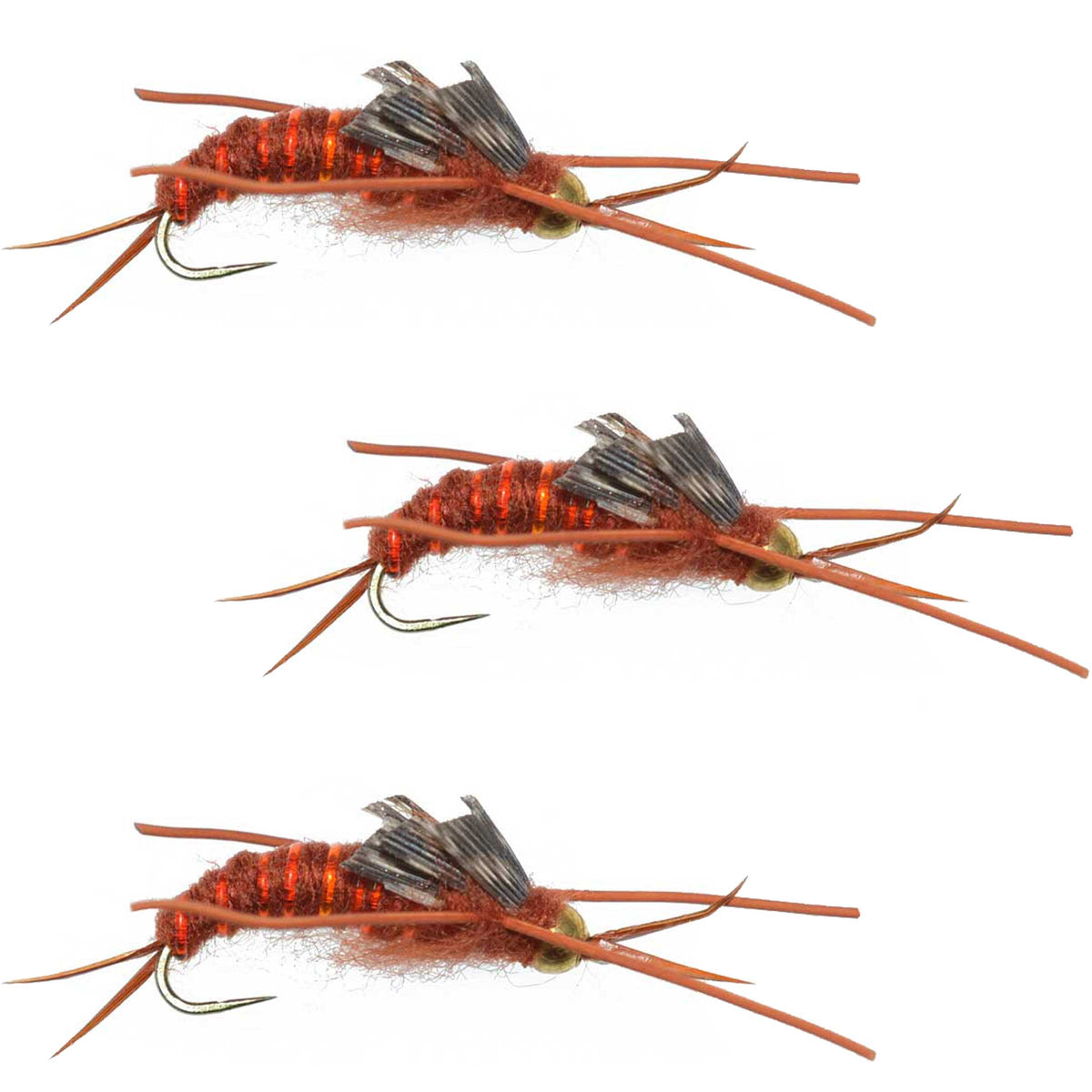 3 Pack Barbless Gold Bead Kaufmann&#39;s Brown Stone Fly with Rubber Legs - Stonefly Wet Fly - Hook Size 10