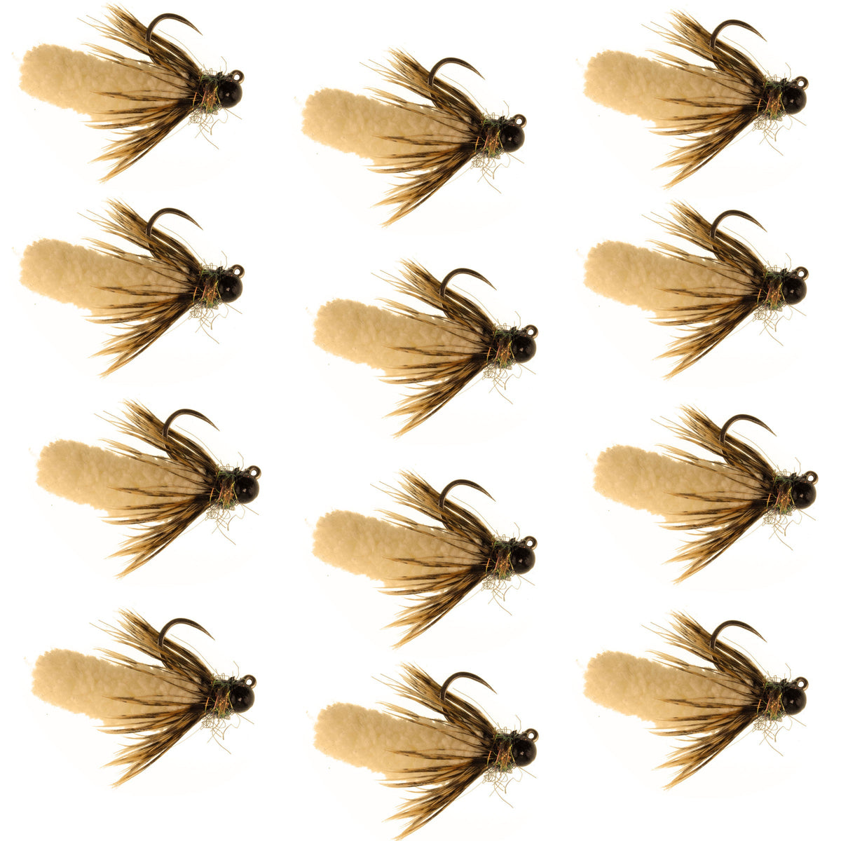 Tungsten Bead Tan Mop Fly Tactical Euro Nymph Barbless - (12 Pack, Sz 14)