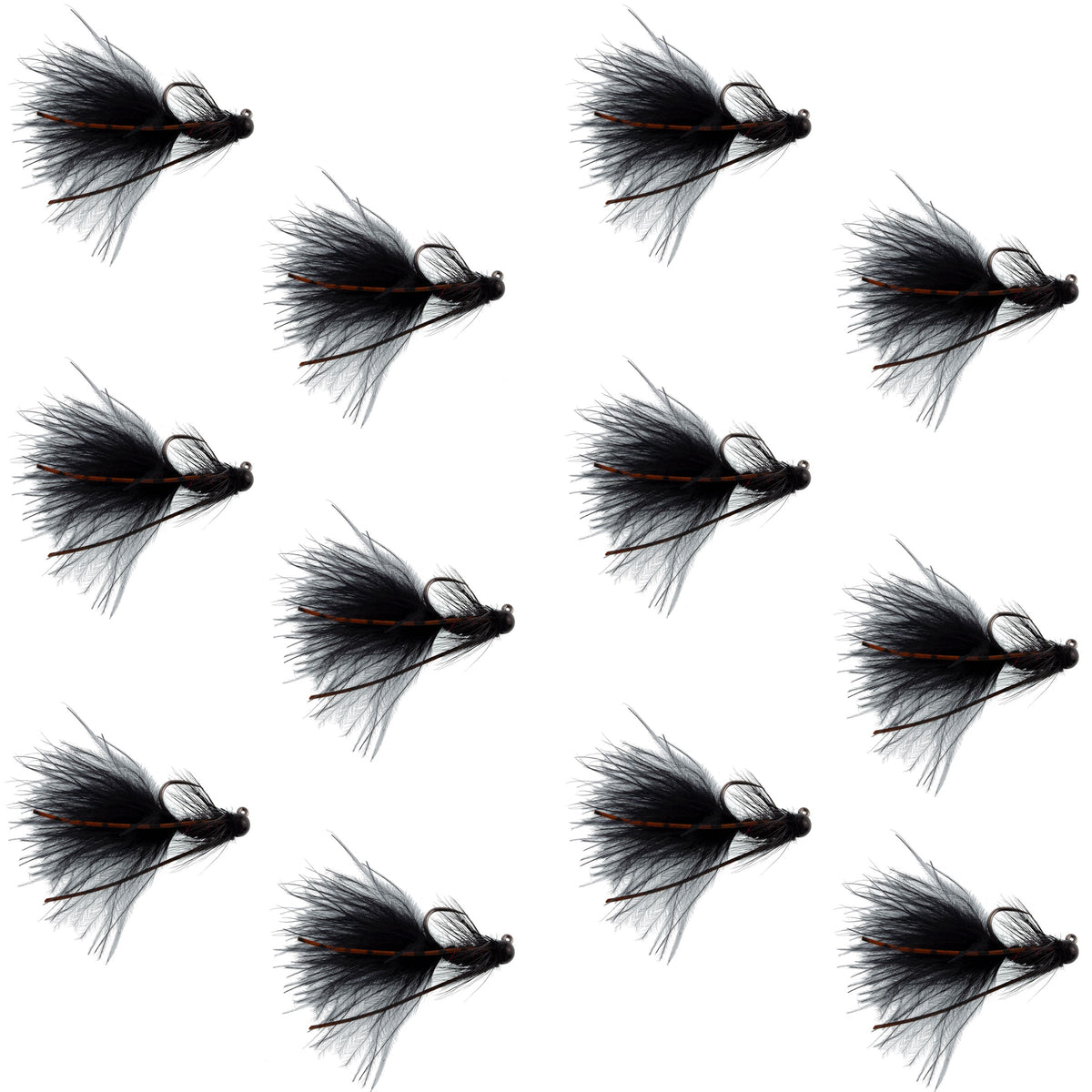 Tungsten Bead Tactical Black Mini Bugger Euro Nymph Fly - (12 Pack, Sz 8)