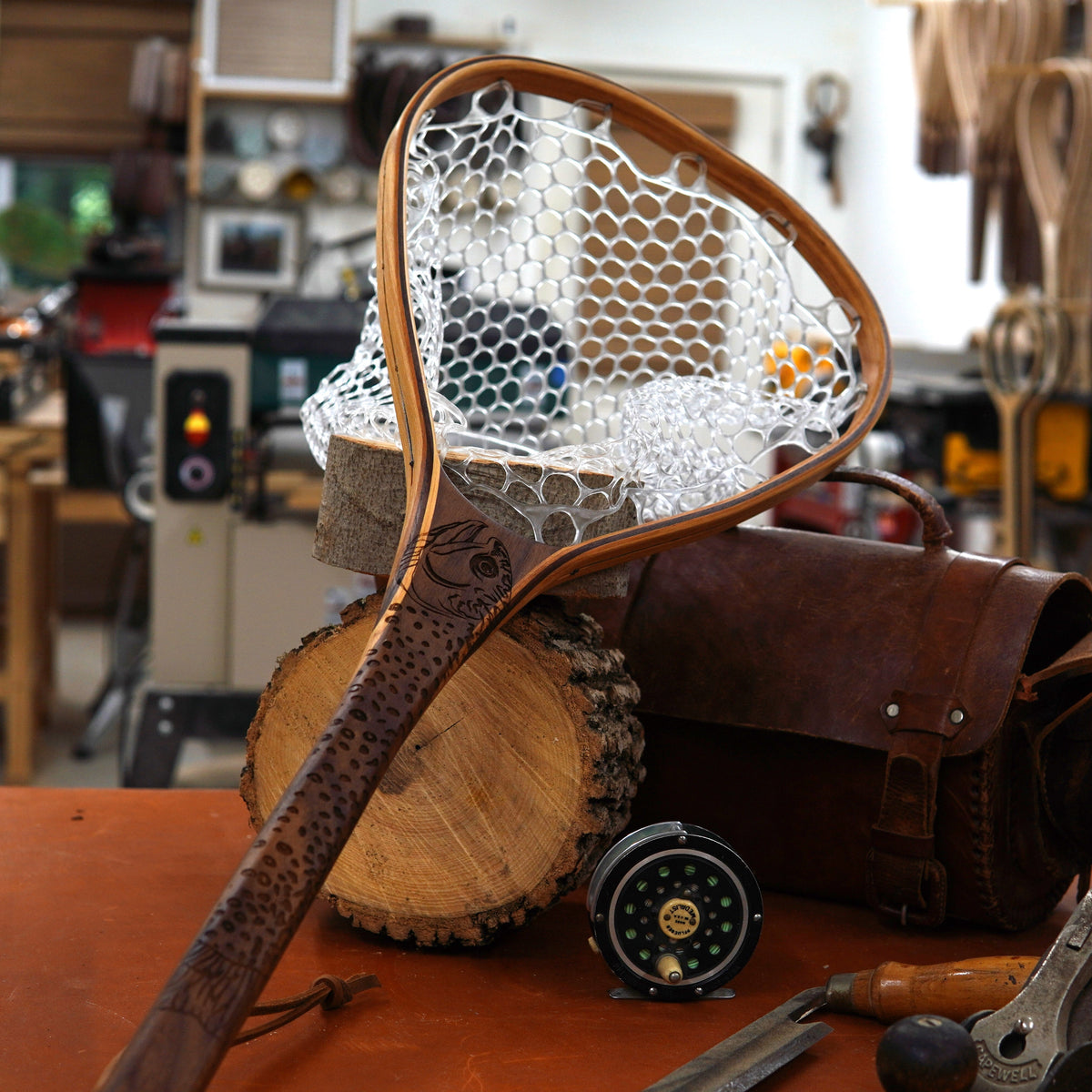 Fat Jake 16&quot;x12&quot; - Brook Trout Engraved - Natural Fly Fishing Traditional Landing Net - Handcrafted &amp; Made in USA